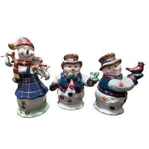 3 Festive Ceramic Snowman Figurines Holiday Table Decor